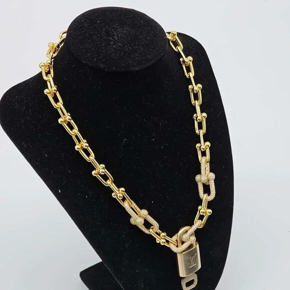 Auth Louis Vuitton Lock & Key w/Unbranded 925 Pure Silver Gold Plated Necklace